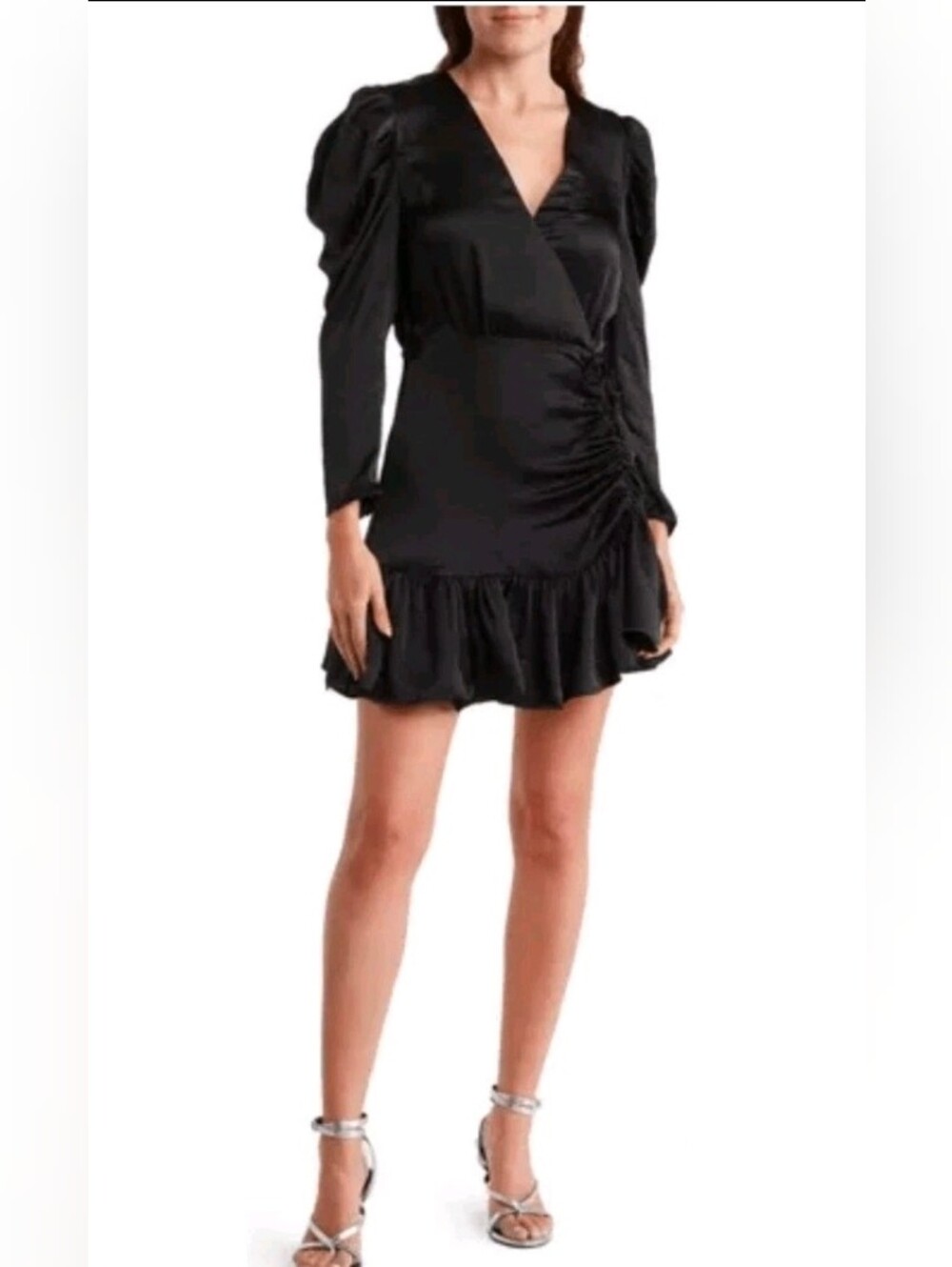 Steve Madden Black Satin Faux Wrap Ruched Mini Dress Ruffle Hem L - Picture 12 of 14